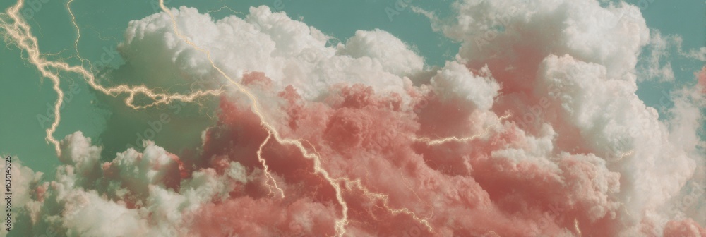 Poster contemporary meteorology graphic with branching lightning bolts over storm clouds in coral and mint 