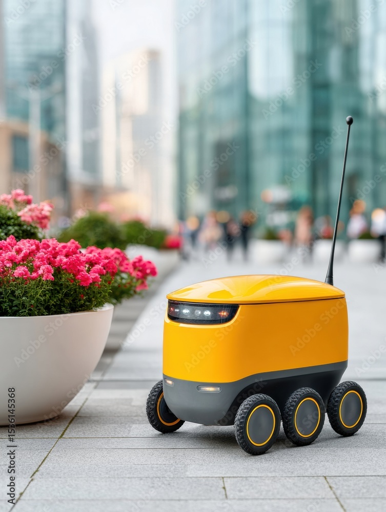 Poster last mile autonomous delivery robot on urban pavement with bright yellow design - smart tech innovat