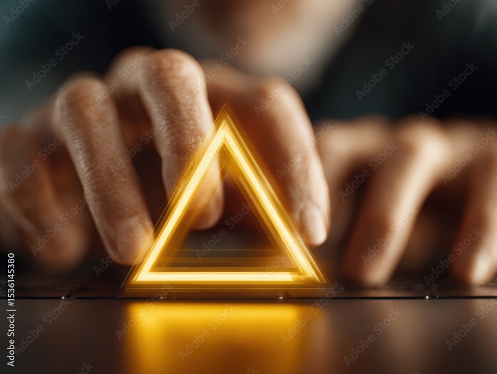 Poster cinematic cybersecurity alert concept with glowing intrusion detection warning triangle and hands on
