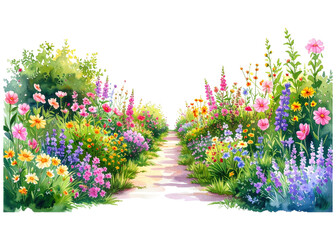A beautiful watercolor painting depicts a winding garden path surrounded by a profusion of colorful blooming flowers and lush green plants, evoking summer beauty.
