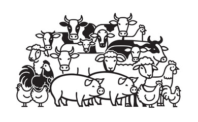 Minimalist black and white vector of various farm animals together. Perfect for agriculture, educational, or logo use in a clean cartoon style.