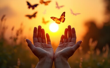 Hands close up on the background of a beautiful sunset, a flock of butterflies flies, enjoying nature. The concept of hope, faith, religion, a symbol of hope and freedom. High quality