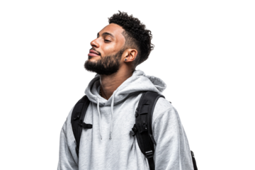 Confident young black man in gray hoodie with backpack isolated on transparent background
