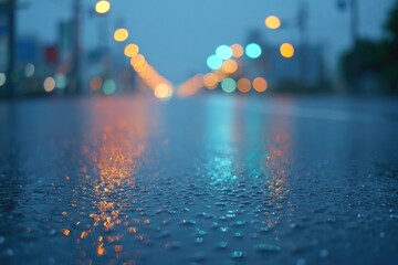 close-up of wet street surface reflecting city lights during rain