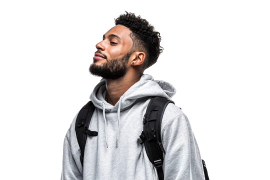 Confident young black man in gray hoodie with backpack isolated on transparent background