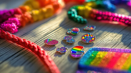 Fototapeta premium Rainbow Wristband and Pride Enamel Pins on Wood Surface Symbolizing Personal Pride and Celebration