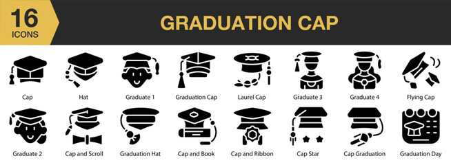 Graduation Cap solid icon set. Includes cap, graduate, diploma, hat, celebration, student, and More. Solid icons vector collection.