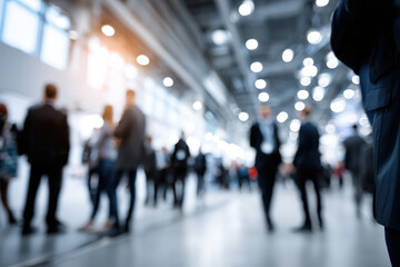 Blurred silhouettes of business professionals networking at a trade show event