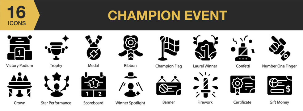 Champion Event solid icon set. Includes competition, team, match, field, ball, and More. Solid icons vector collection. - Powered by Adobe