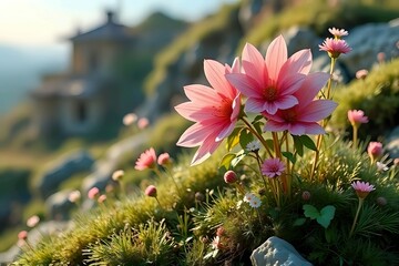 Beautiful Pink Flowers Growing in a Lush Green Landscape