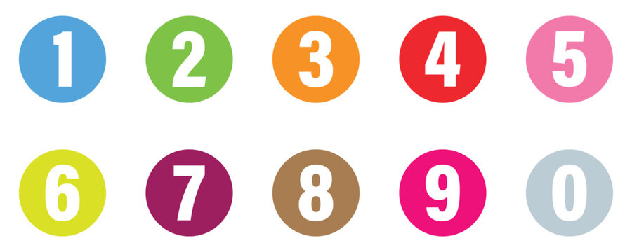 Colorful Round Number Icons Set – Digits 0 to 10 with Long Shadow Style. Vector illustration 