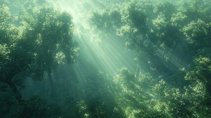 Obraz premium Sunlight filtering through a dense, misty forest canopy
