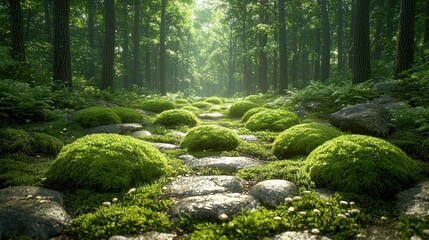 Sunlight streams down a mossy stone path in a lush forest