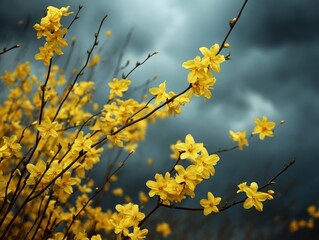 Obraz premium A stormy sky contrasting with the bright golden blooms of forsythia, symbolizing the resilience of spring