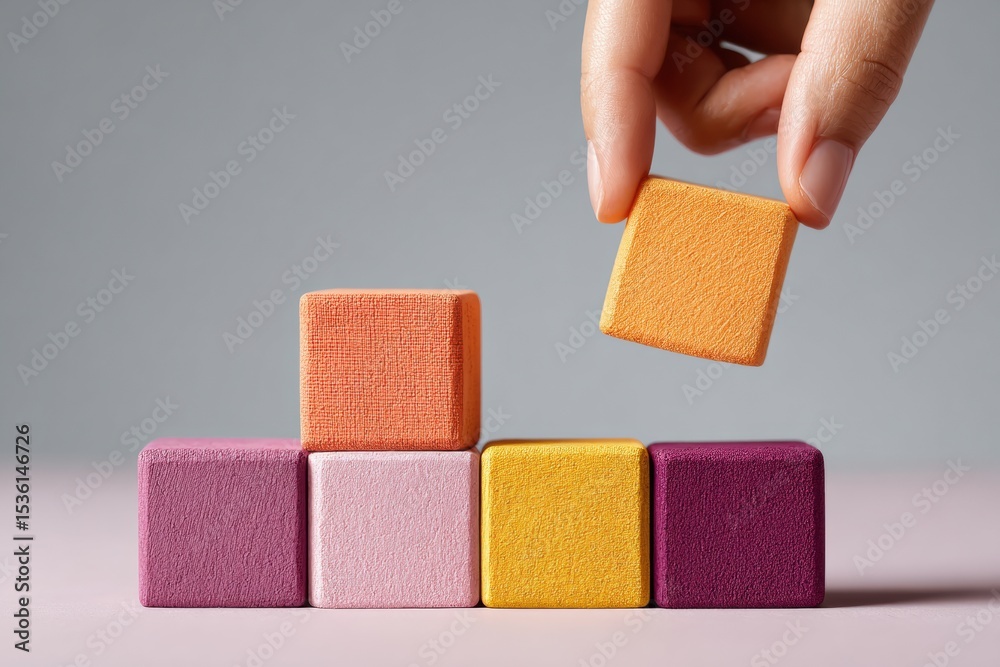 Aufkleber Bold geometric wooden blocks with vibrant triadic colors and matte textures in minimalistic overhead flatlay for modern productivity and project management