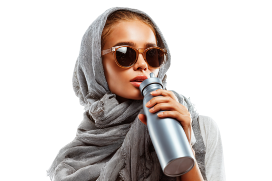 Stylish woman in sunglasses and scarf drinking from a thermos bottle isolated on transparent background
