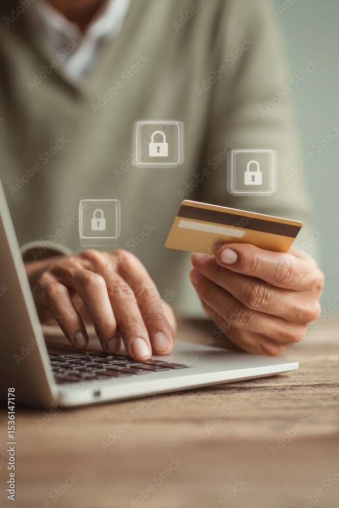 Poster cozy lifestyle businessman using laptop and smartphone for secure banking authentication with credit