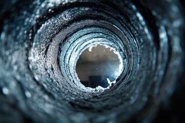 Duct Cleaning. Dirty Laundry Flexible Aluminum Dryer Vent Ductwork Filled with Lint, Dust, and Dirt