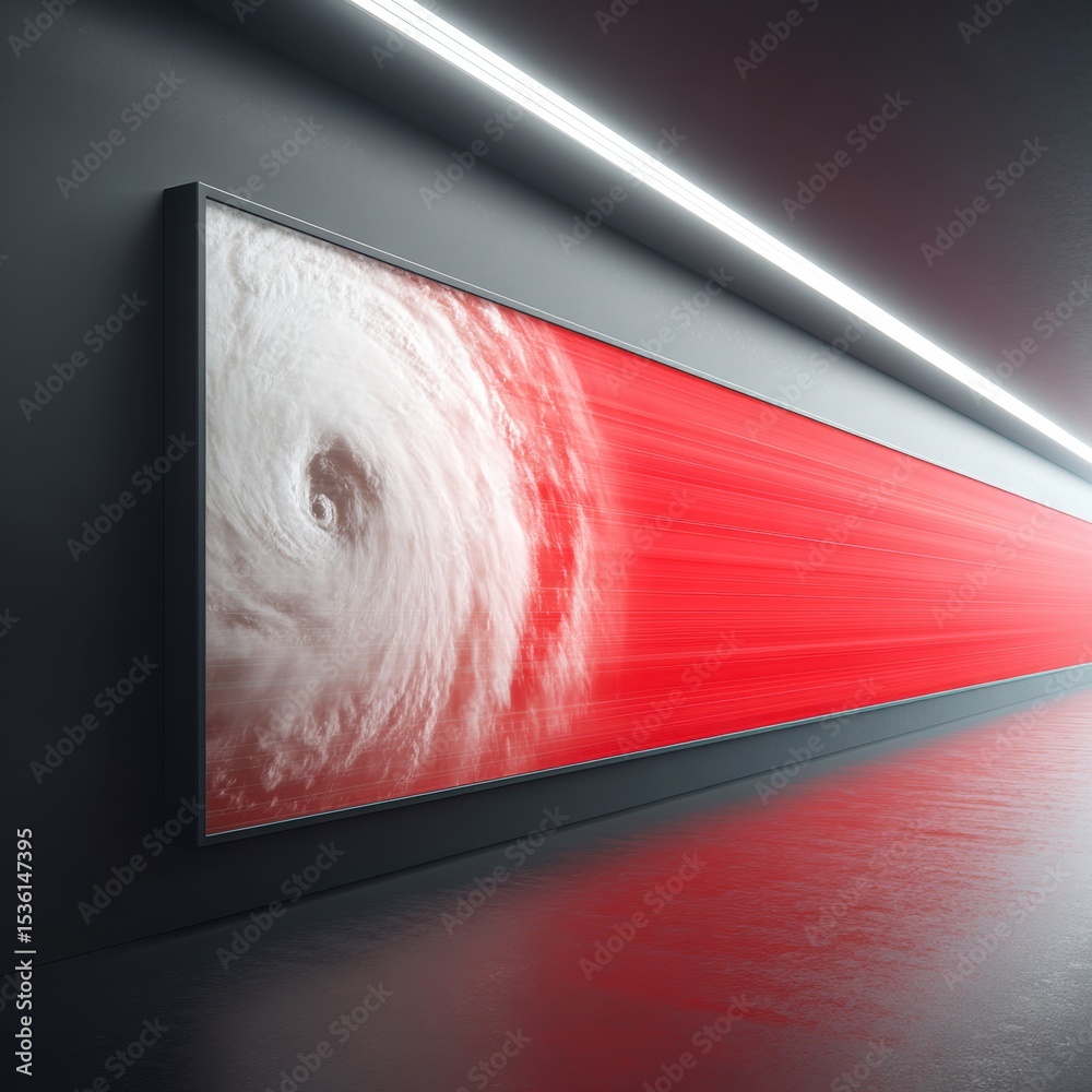 Poster High-Tech Hurricane Monitoring Display with Eye and Storm Bands on Large Screen in Dark Control Room - Extreme Weather Prediction and Digital Weather Alert