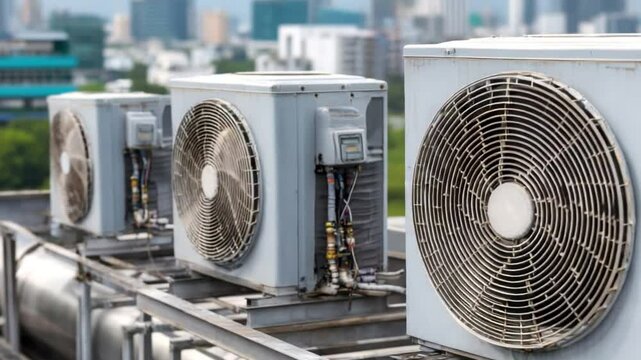 Cooling Powerhouse: An array of modern air conditioning units stands poised on a rooftop, ready to deliver climate control to the building.
