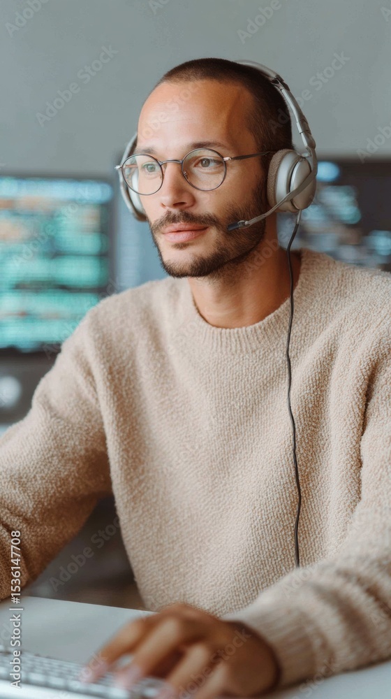 Aufkleber Tech Support Specialist with Headphones Focused on Customer Assistance at Ergonomic Workspace Featuring Multiple Data Screens - IT Service and Problem-Solving
