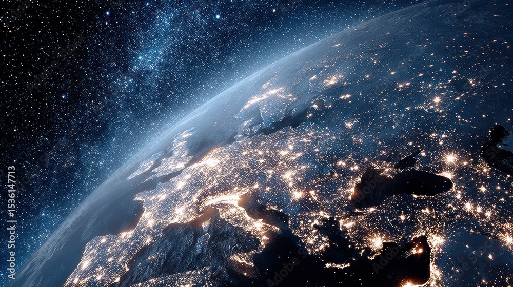 Aufkleber futuristic nighttime satellite view of europe illuminated cities highlighting connectivity and infra