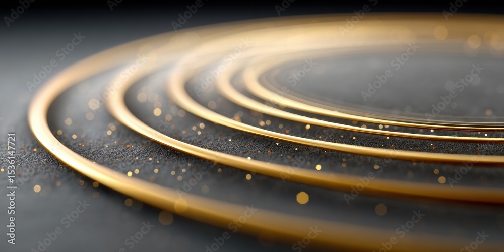 Poster iridescent golden rings with floating zodiac glyphs on dark cosmic gradient background - abstract es