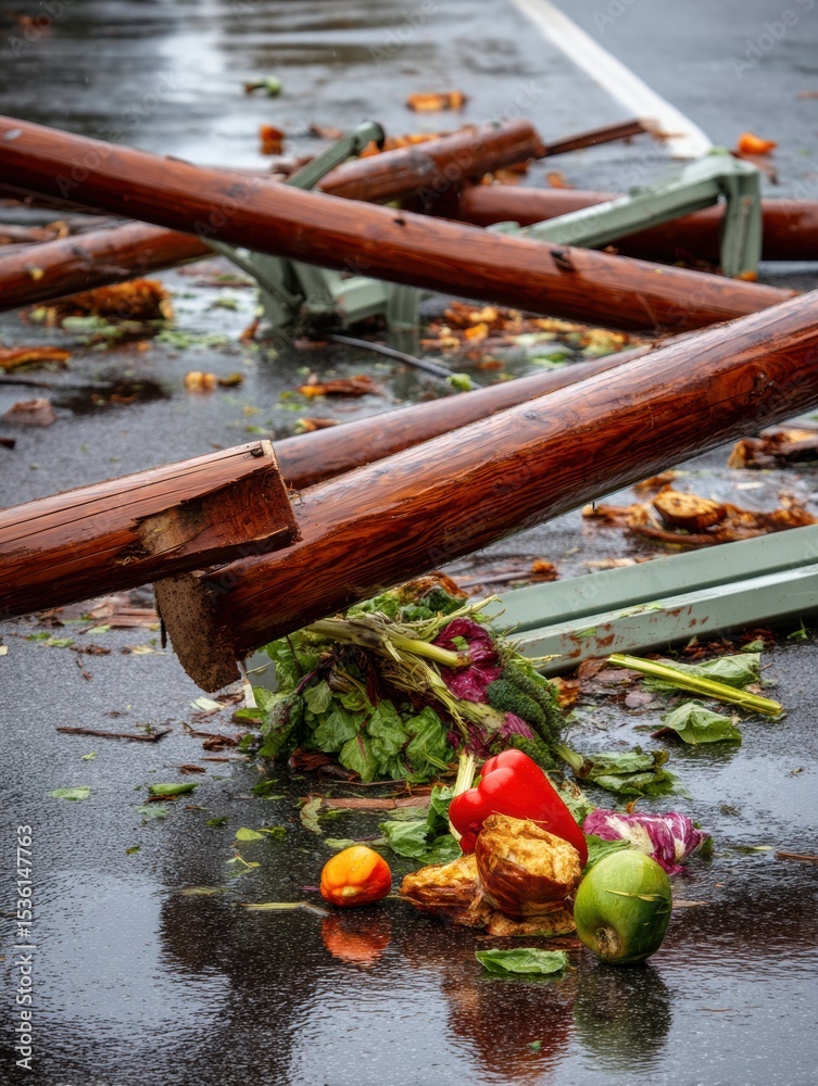 Poster storm-damaged utility poles on wet road with scattered produce highlighting infrastructure vulnerabi