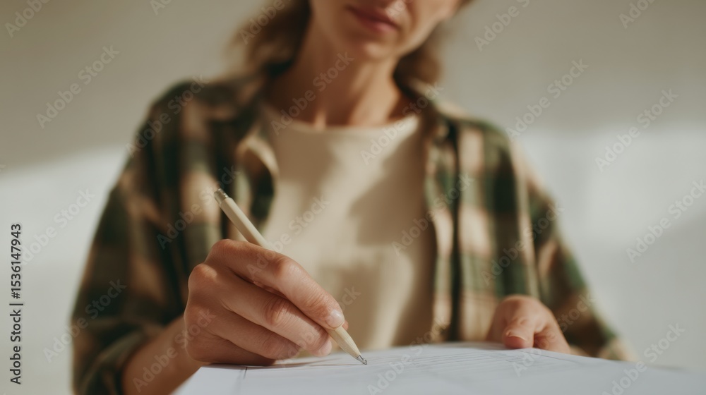 Aufkleber Modern business person completing checklist form for vote counts in professional setting, symbolizing precise evaluation and decision-making workflow