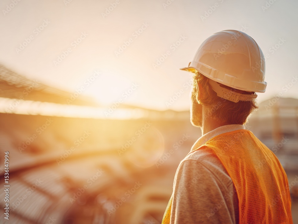 Poster construction worker in helmet observing stadium development at sunset showing dedication and progres