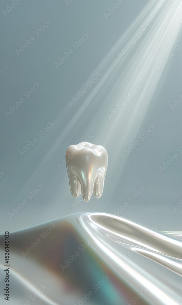 Poster futuristic teeth-tech whitening studio concept with holographic tooth floating above shiny chrome su