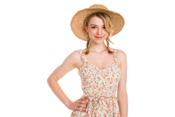 Charming woman in floral summer dress and straw hat smiling confidently isolated on transparent background