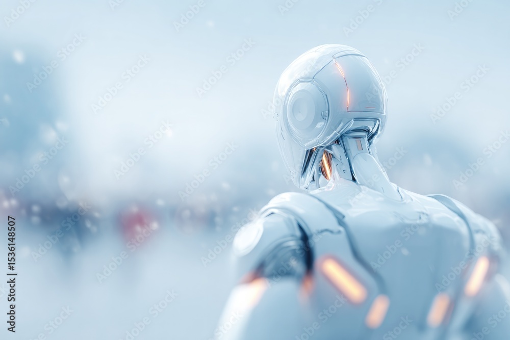 Poster robotics integration in society with blurred figures in background