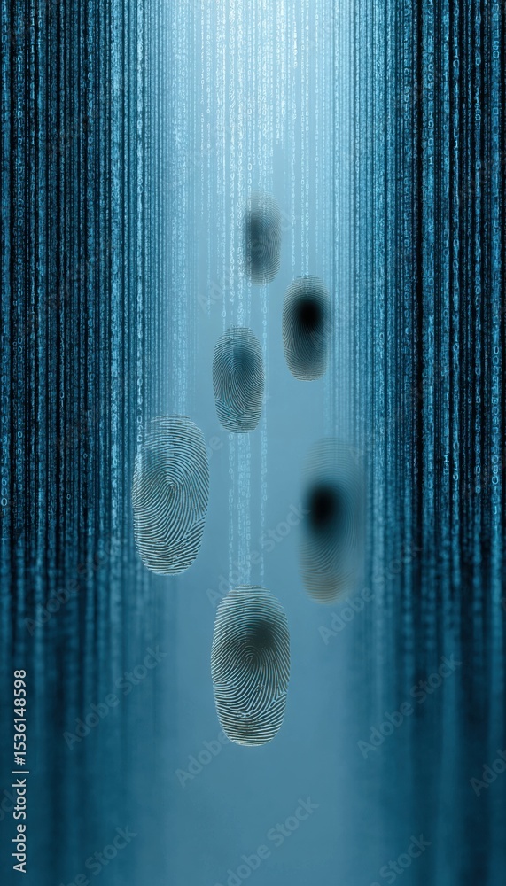 Poster Secure Digital Identity Concept with Floating Fingerprints and SIM Symbols in Cyber-Blue Matrix for Advanced Data Protection and Blockchain Authentication