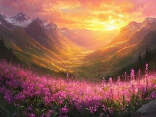 Obraz premium A breathtaking sunset over a mountain valley filled with Fireweed, the warm golden light illuminating the delicate blossoms