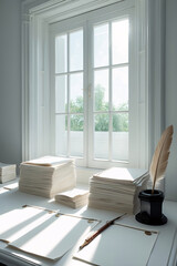 professional white home office setup showing journal notebook on desk beside soft daylight window for content creation interior design wallpaper background