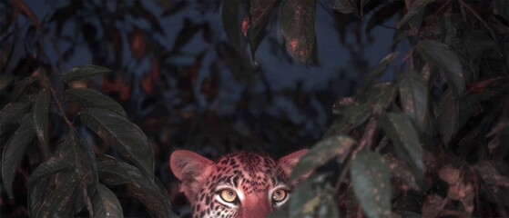 Leopard hidden in foliage at night