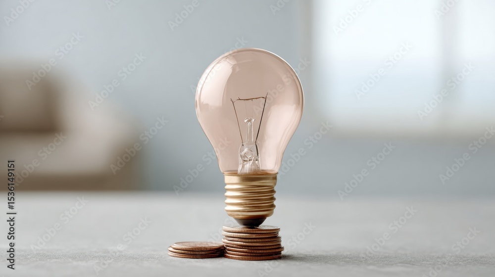 Poster modern price adjustment concept with light bulb on stacked coins highlighting rising utility costs a