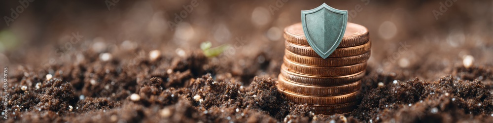 Poster privacy coin stack with shield icon above currency on earth soil - financial security concept for di