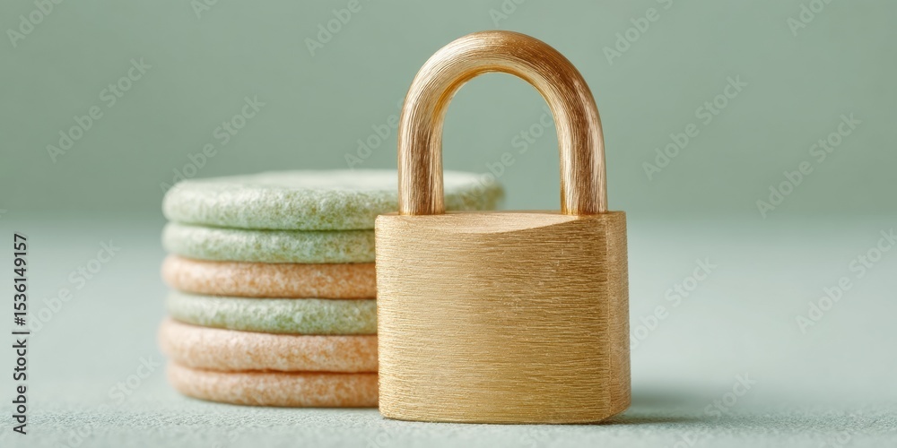 Poster golden privacy coin padlock on stacked coins with metallic texture macro focus for financial securit