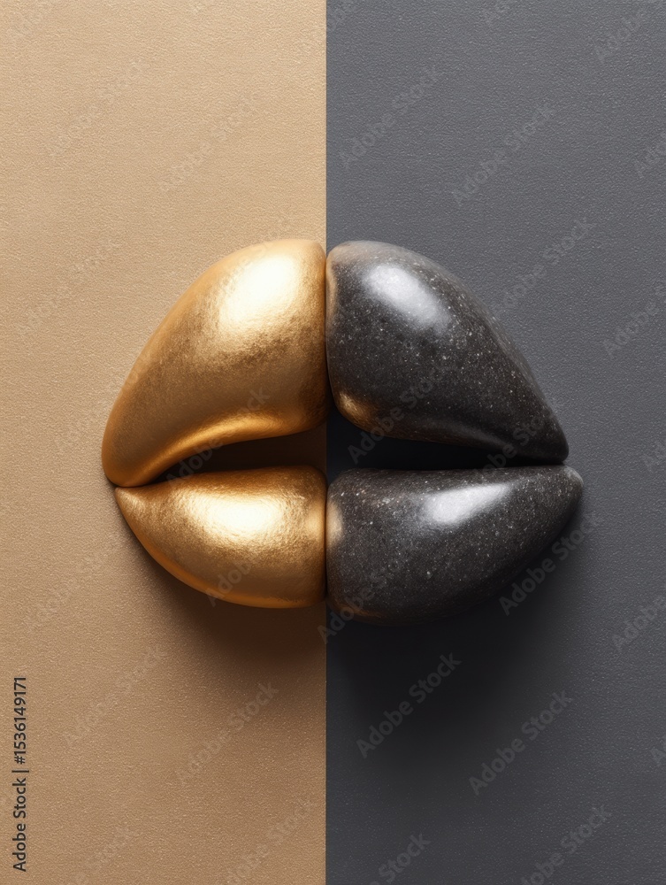 Poster contrasting gold and black abstract lips with geometric speech bubbles for modern communication and 