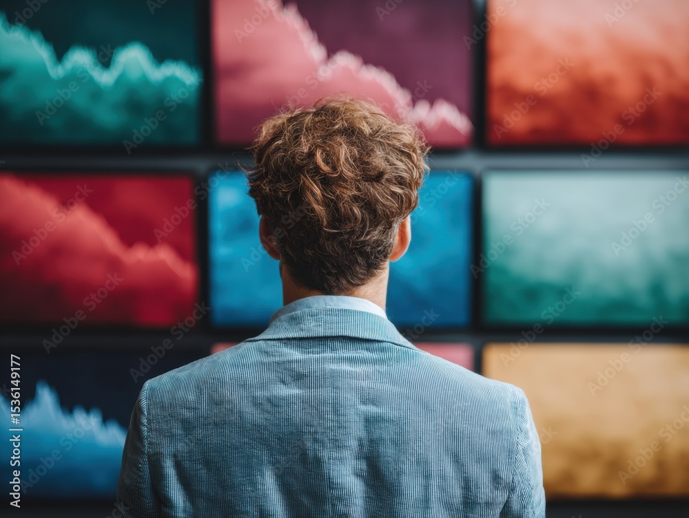 Poster businessman facing multiple large screens with downward graphs showing market downturn stress in mod