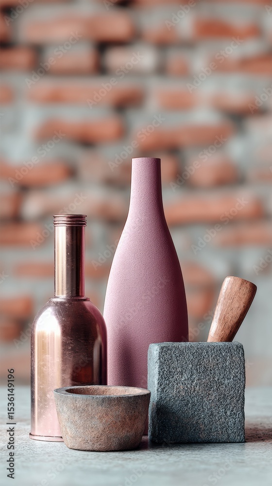 Poster post-industrial luxury still life with vintage factory tools and modern design objects in textured m