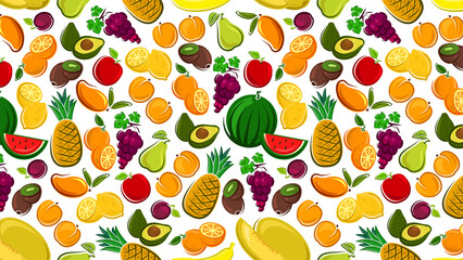 Obraz premium Seamless pattern of various colorful fruits including pineapple watermelon and grapes on a white backdrop