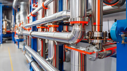 A network of stainless steel pipes with precision fittings and flanges extends across a high-tech facility. Orange markers highlight key connections, supported by blue structural elements, evoking the