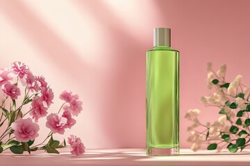 A light-green bottle and pink flowers on a light-pink background.