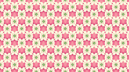 Seamless pattern featuring pink lotus flowers and green leaves on a light background design repeat