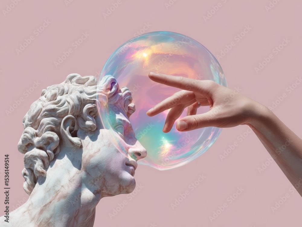 Poster digital interaction with classical marble sculpture and iridescent bubble, blending timeless art and