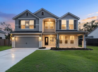 Spacious, two-story house at twilight