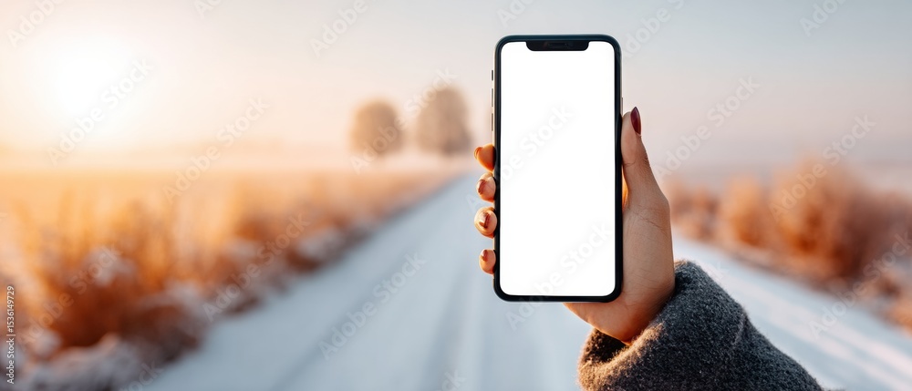 Poster minimalistic smartphone mockup held in winter outdoor setting with blank screen for app design and d